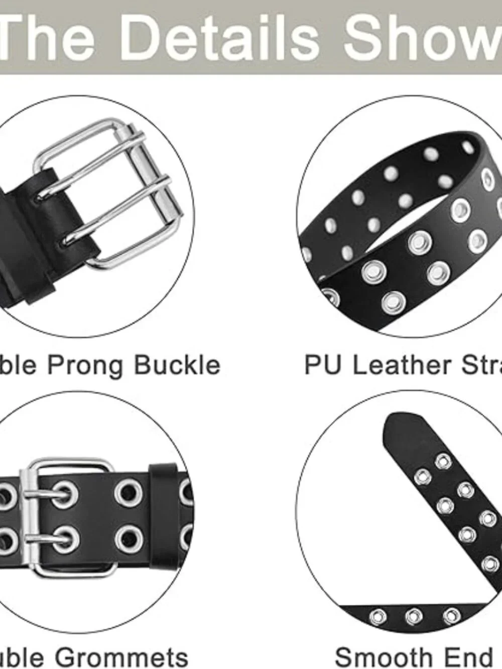 Women's Black Leather Grommet Belt with Double Holes‎ Size Large